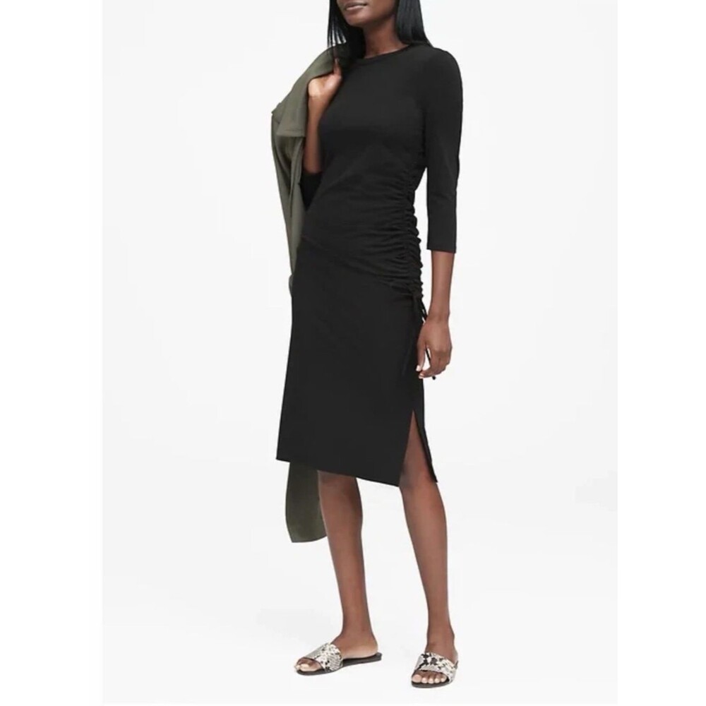 NEW Banana Republic Soft Ponte Side-Ruched Black Midi Dress Size XL